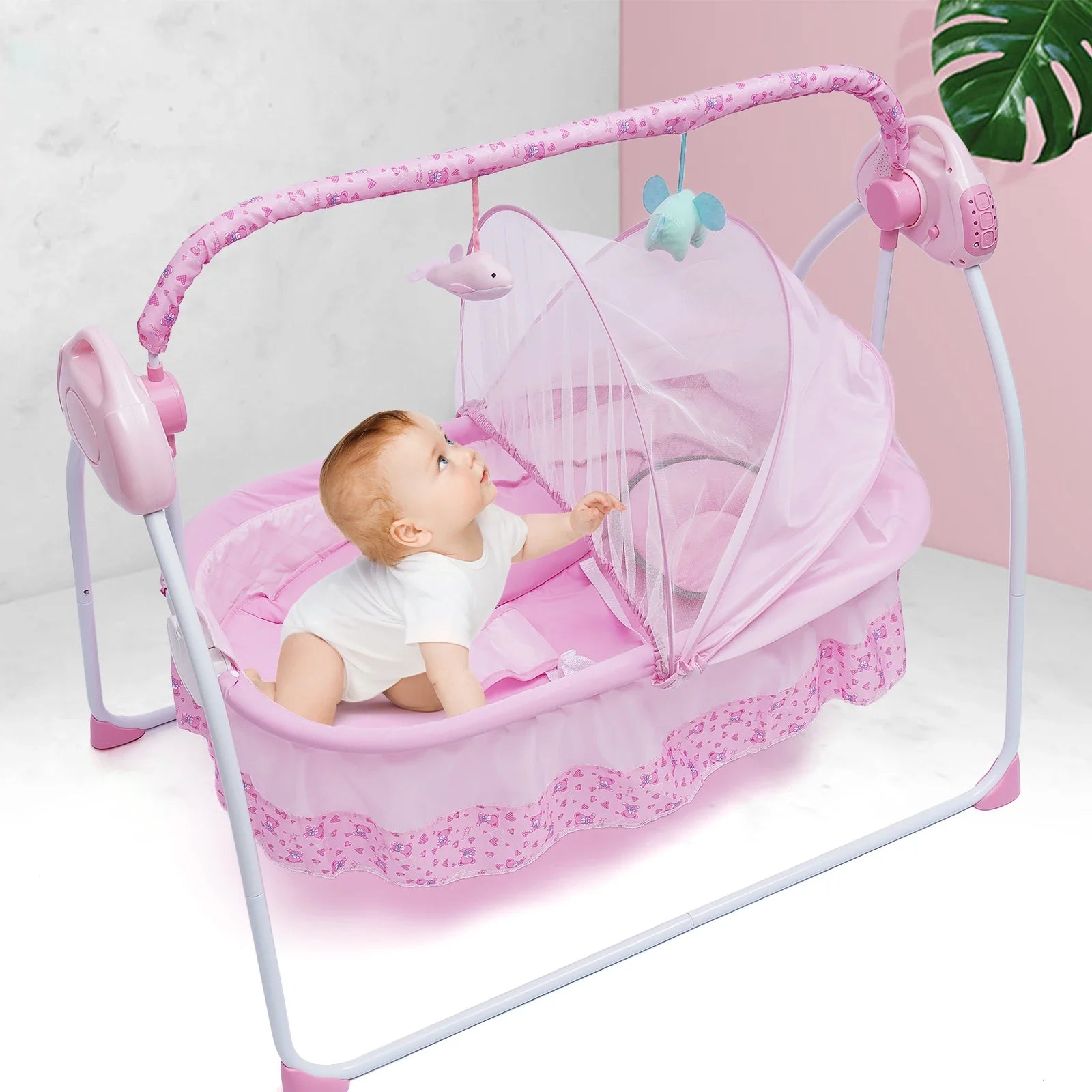 Electric Baby Cradle Auto Swing Rocker Cot Infant Sleeping Bed Swing Crib Kit Timer+Bluetooth Music+Mat+Pillow 5Gears Adjustable