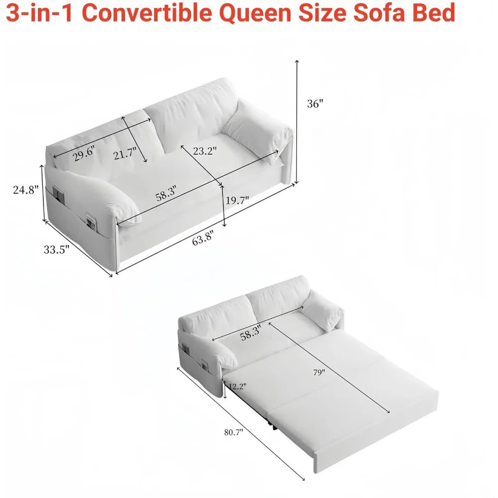 63.8" Futon Sofa Bed Queen Size, Pull Out Bed, 3-in-1 Convertible Sleeper Sofa with Side Pocket