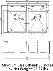 Drop in Double Bowl 304 Stainless Steel Kitchen Sink (33” x 22” x 9”(Black Sink Only))