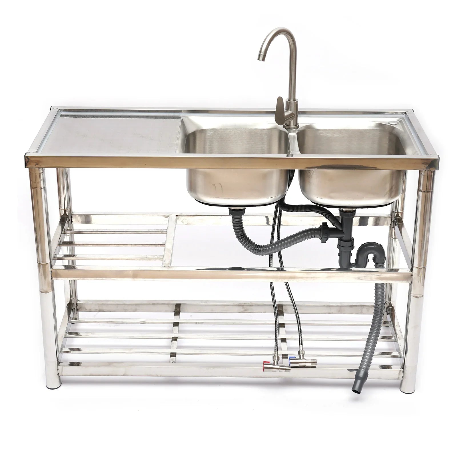 2 Compartment Stainless Steel Commercial Kitchen Sink Restaurant Utility Sink Dish Washing Disinfection Pool with Standing Rack