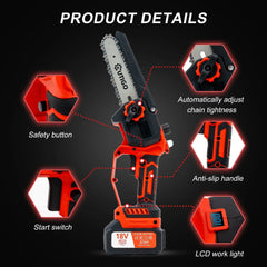 6000mAh Cordless Chainsaw 6 inches, Powerful Electric Battery Chainsaw with 1 Chains and 1 Guide Bars 2 Batteries