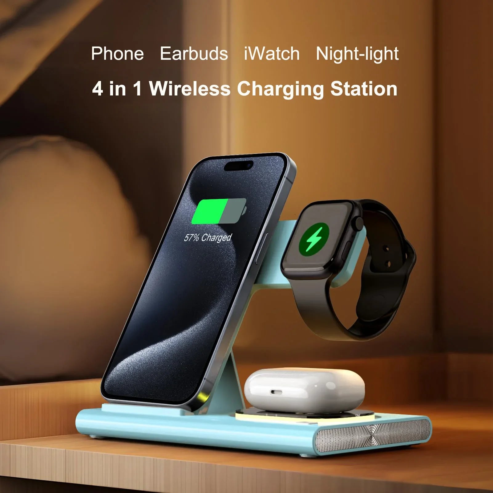 Wireless Charger Station, 4 in 1 Foldable 15W Fast Charging Wireless Charging Station with Night Light for iPhone iPods iWatch