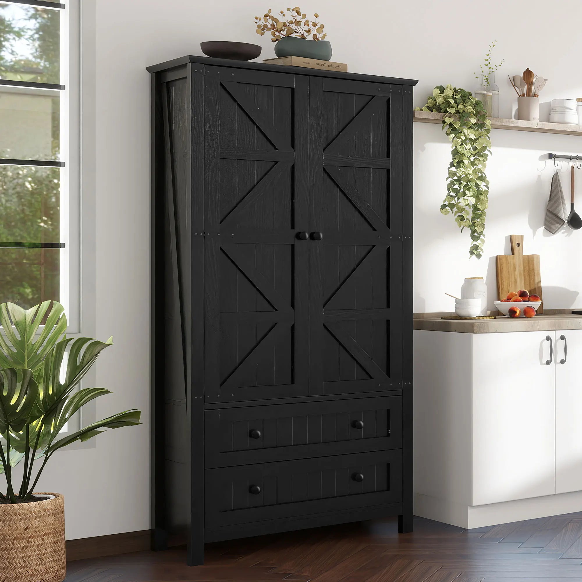 Farmhouse Kitchen Pantry Cabinet, 64.5" Tall Storage Cabinet with 2 Drawers and Adjustable Shelves