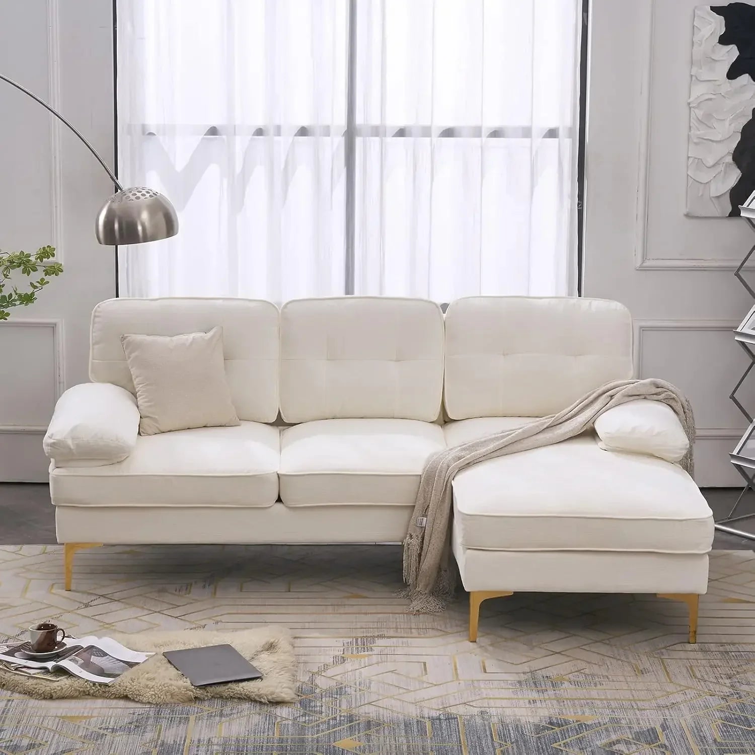 L-Shape Sofa Couch 3-Seat Couch with Chaise ChenilleFabric Upholstered for Living Room, Apartment, Office, Creamy-White