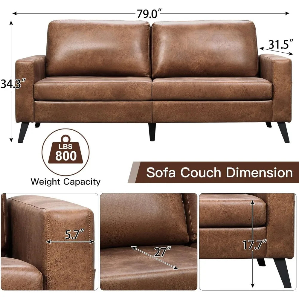 79 Inch Couch for Living Room, Small Couches, Faux Leather Mid Century Modern Sofas, Brown Comfy Love Seat for Bedroom