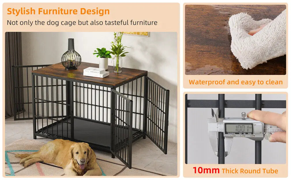 Heavy Duty Dog Kennels Metal Wooden Dog Crate End Table Furniture Style Pet Cage with Three Doors and Removable Tray