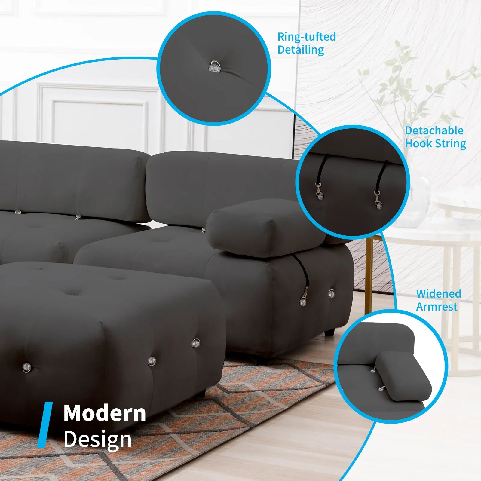 HORGAEO Modular Sectional Sofa with Reversible Chaise, Velvet L Shaped Cloud Couch with Reversible Ottoman