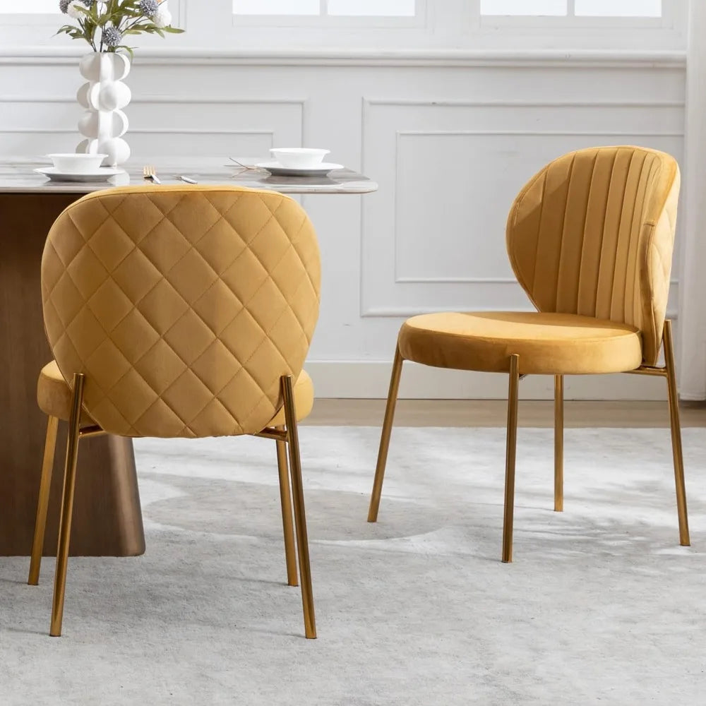 Dining Chairs Set of 4,Velvet Yellow Chairs,Modern Upholstered Vanity Chairs with Golden Metal Leg for Kitchen