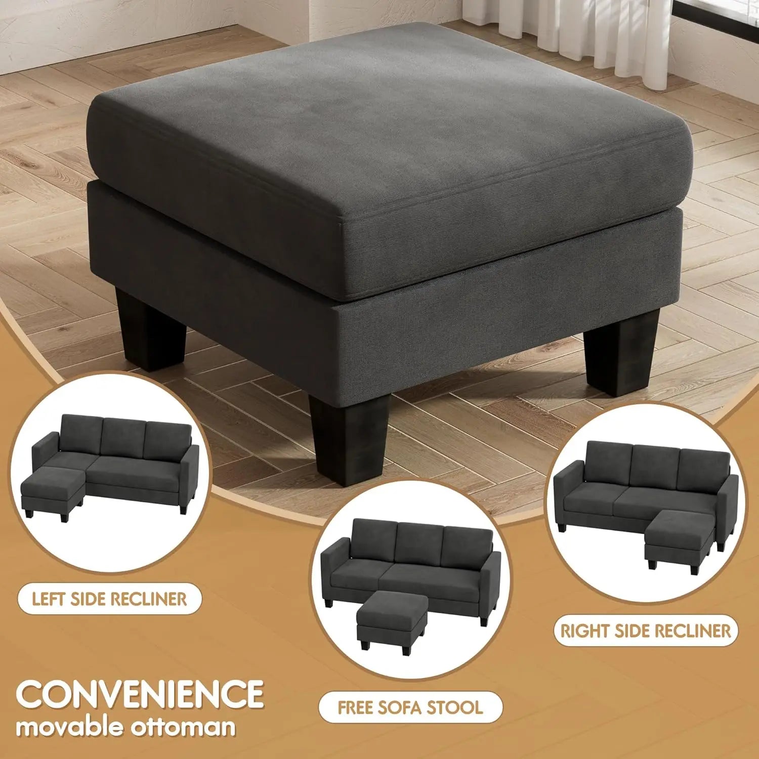 Convertible Sectional Sofa Couch 3 Seat L-Shaped Sofa with Linen Fabric Movable Ottoman Small Couch (Dark Gray)