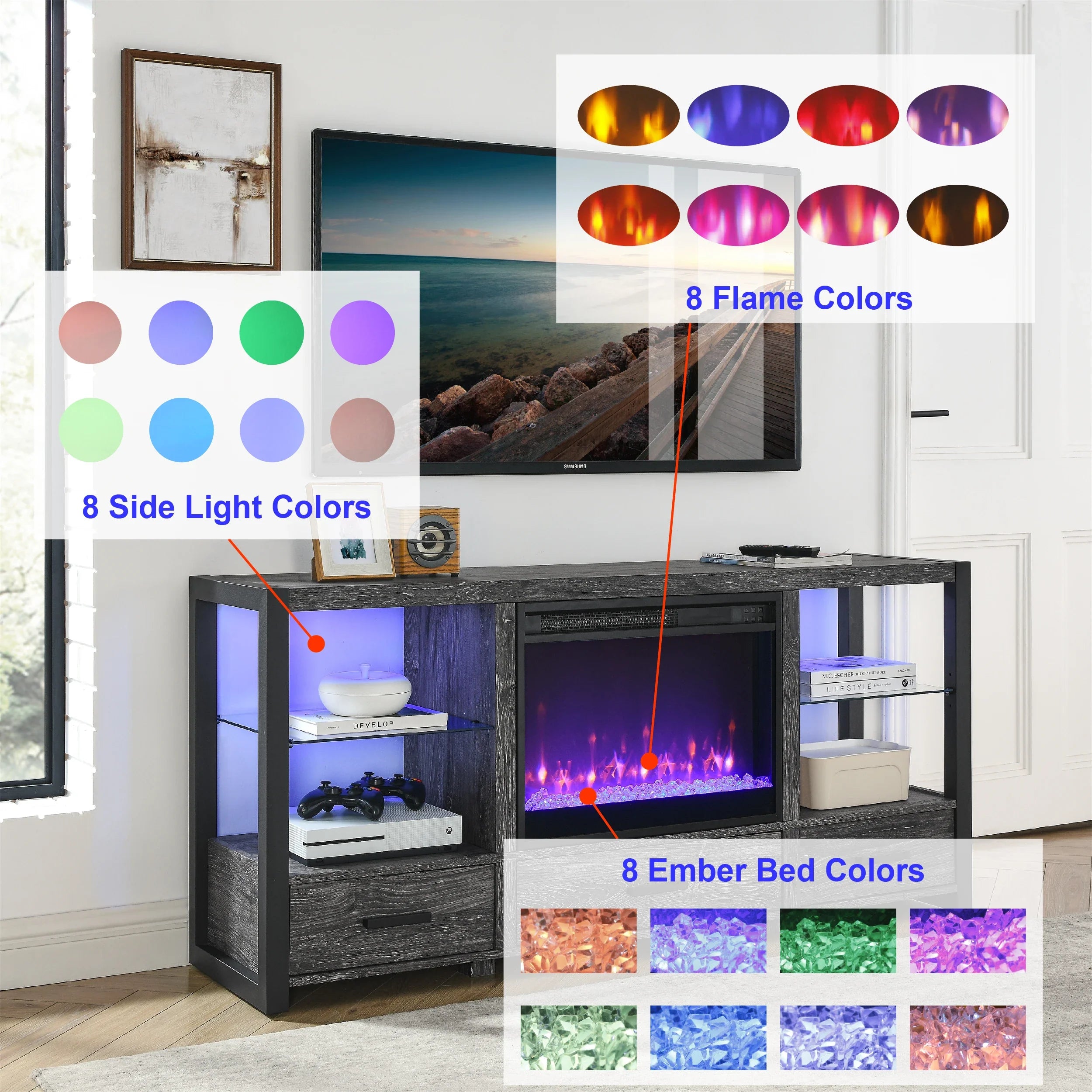 23in Electric Fireplace Insert Ultra Thin Heater Crystal Realistic Flame Remote Control  Timer Overheating Protection Sidelight