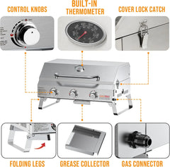 Onlyfire Tabletop Gas Grill 3 Burners, 24" Stainless Steel Portable Propane Grill with Foldable Legs 2024 HOT