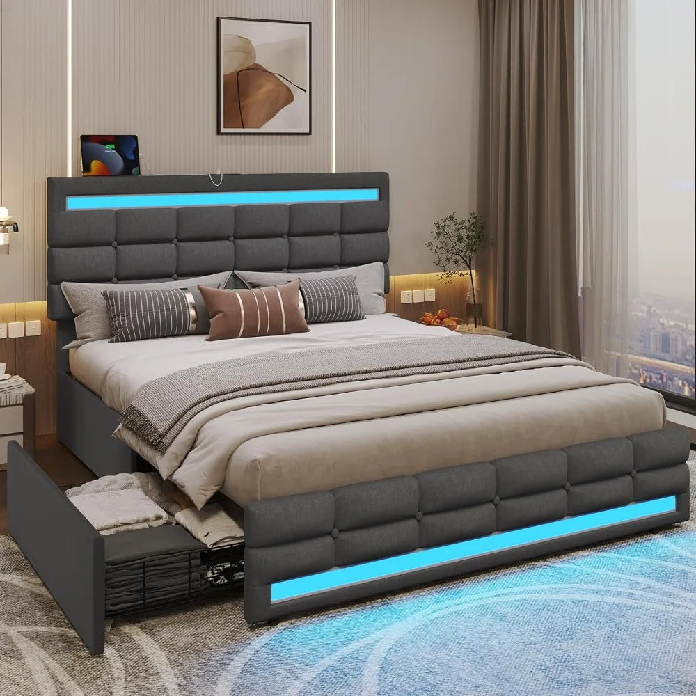 Queen Bed Frame with LED Lights Leather Platform Bed with Storage Drawers and Charging Station,with Adjustable Headboard,Black