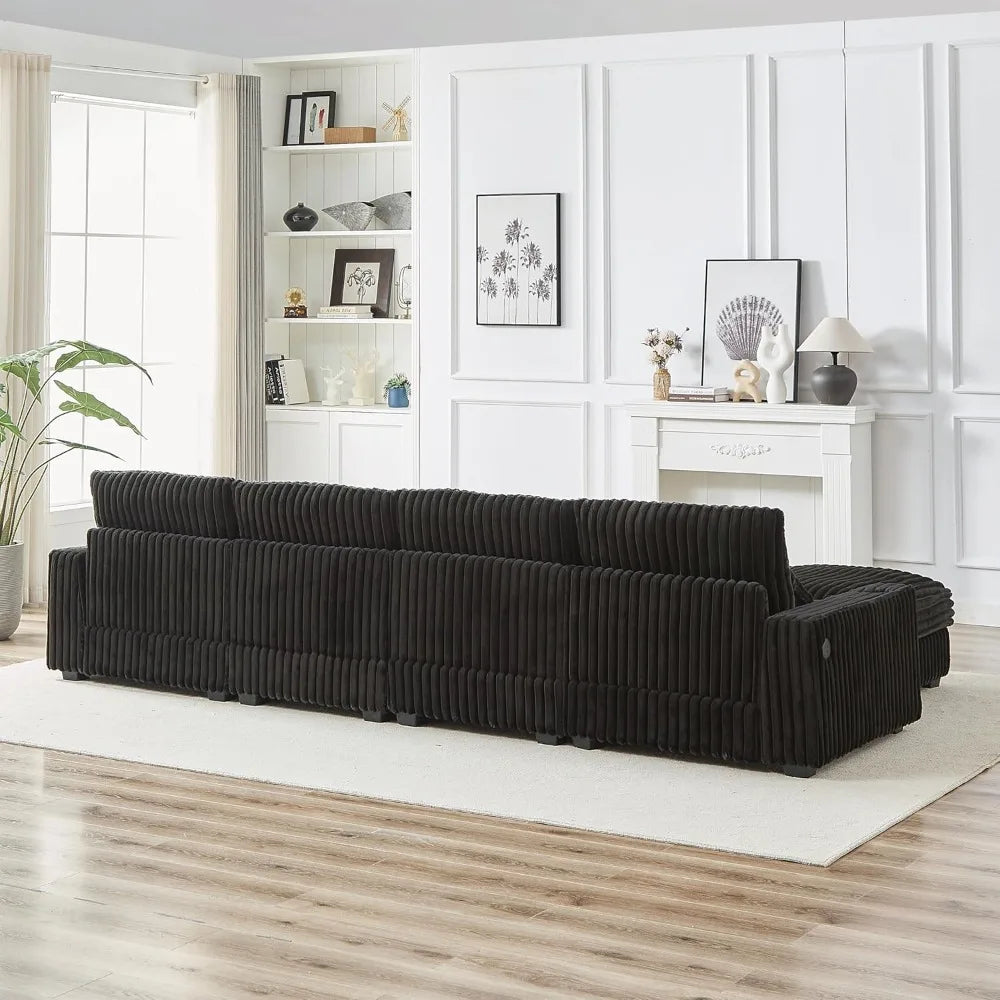 128'' L Shaped Modular Sectional Sofa, Oversized Corduroy Couch with Cup Holders and Charging Port, 4-Seater Sofa with Ottoman