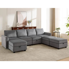 110" Modular Sectional Sofa with Storage, 6 Seat Convertible Couches for Living Room, Velvet U Shaped Sofa Bed Couch, Grey