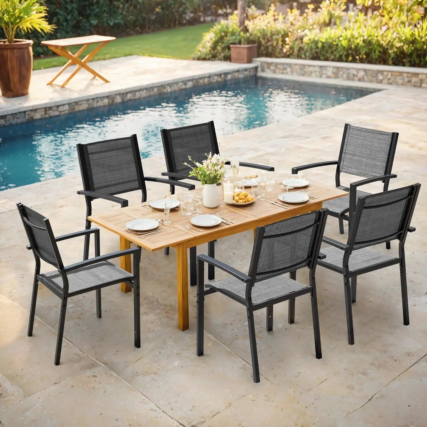 Patio Chairs Textilene Outdoor Chairs Set of 6 Stackable Dining Chair for Backyard, Deck (Brown)