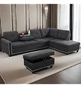 L Shaped Sofa with Ottoman Modern Nail-Head Design Linen Facing Sectional Couches with Cup Holder for Living Room etc.