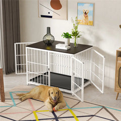 Heavy Duty Dog Kennels Metal Wooden Dog Crate End Table Furniture Style Pet Cage with Three Doors and Removable Tray