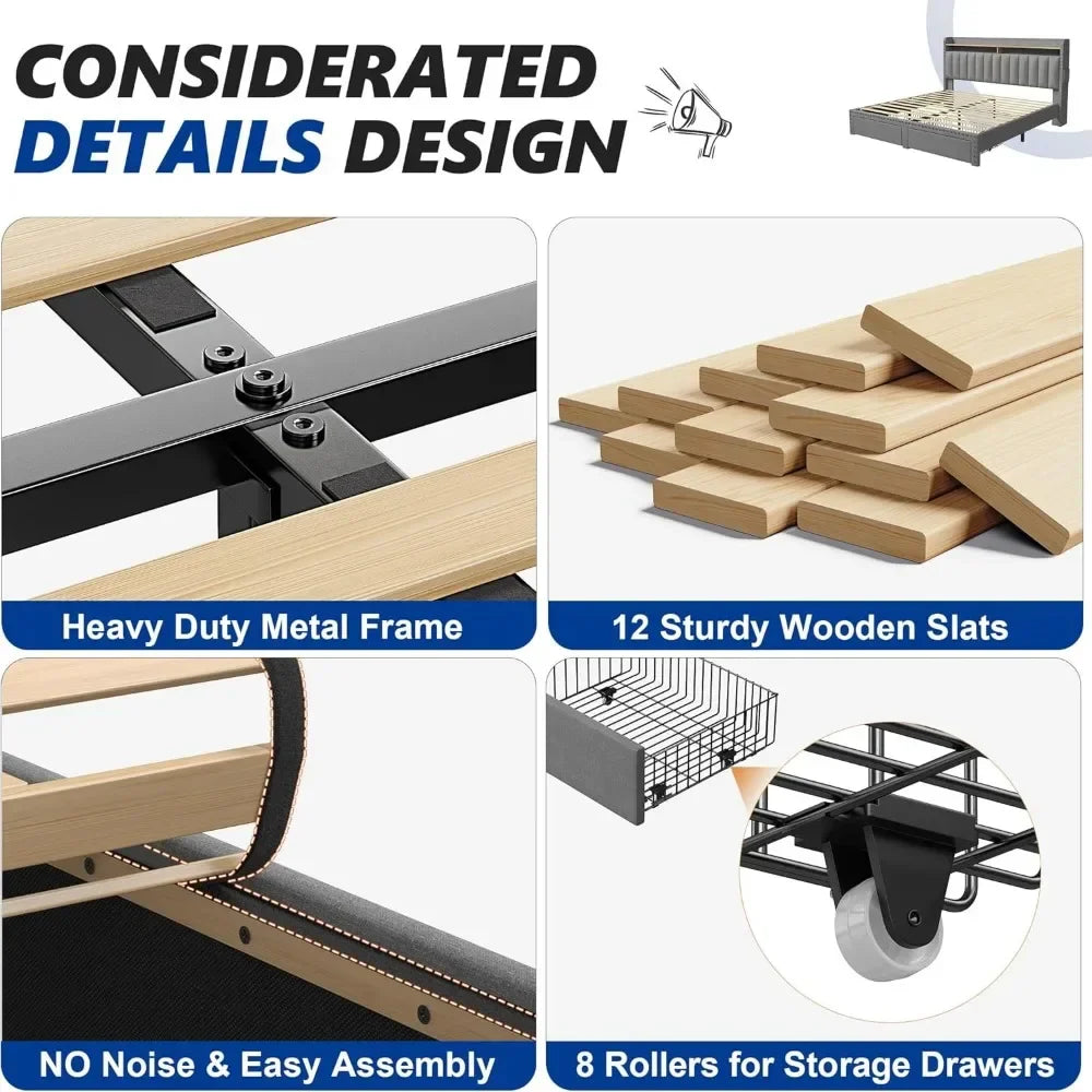 King Size Bed Frame with Storage and Headboard,Upholstered King Bed Frame with Storage & 2 Drawers,NO Noise,No Box Spring Needed