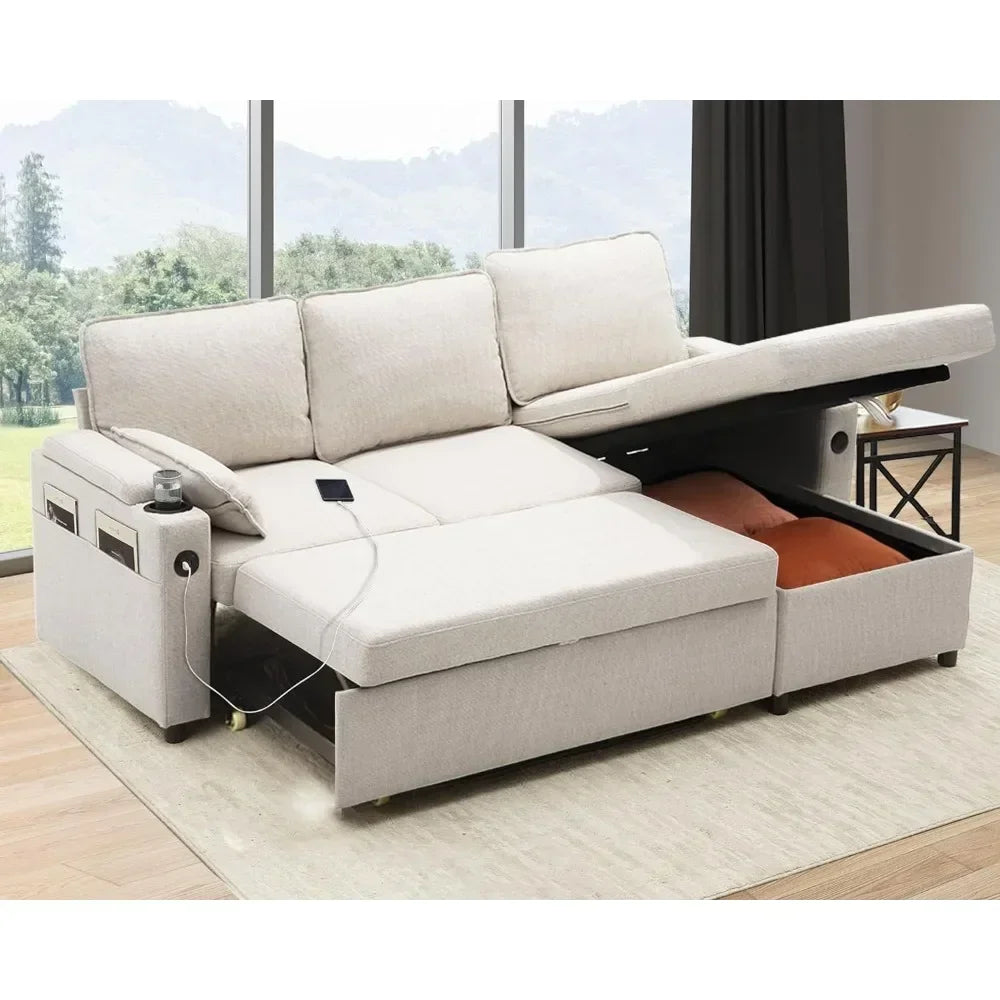 Sofa Bed Sleeper Pull Out 2 in 1 Sectional Sleeper Sofa with Storage,USB, Cup Holder,Pullout Sectional Couches for Apartment