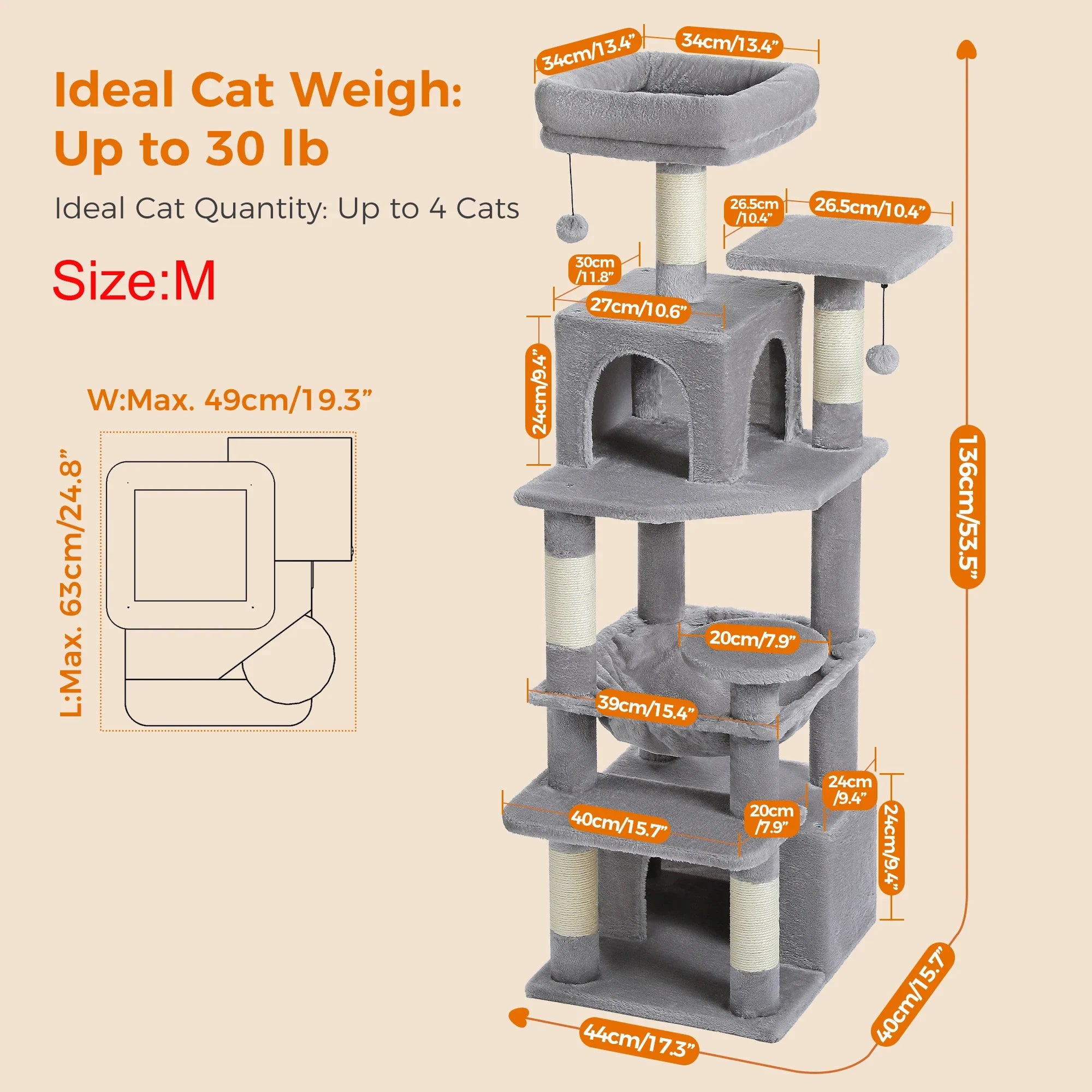 H184CM Large Cat Tower with Sisal Scratching Posts Spacious Condo Perch Stable for Kitten Multi-Level Tower Indoor Cozy Hummocks