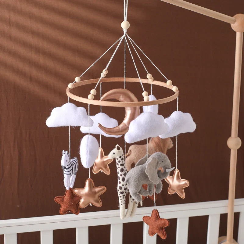 Crib Mobile Bed Bell Wooden Baby Rattles Soft Felt Cartoon Animal Bed Bell Newborn Music Box Hanging Toy Crib Bracket Baby Gifts