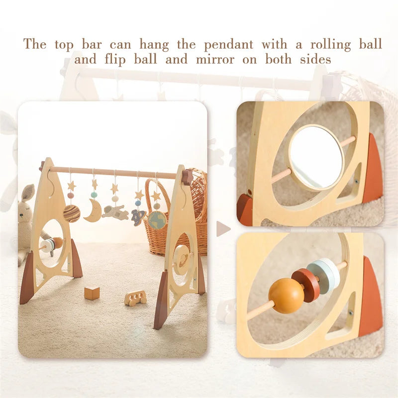 Baby Wooden Gym Frame Rocket Model Newborn Activity Gym Frame Hanging Pendant Rattle Toys For Baby Education Montessori Toys