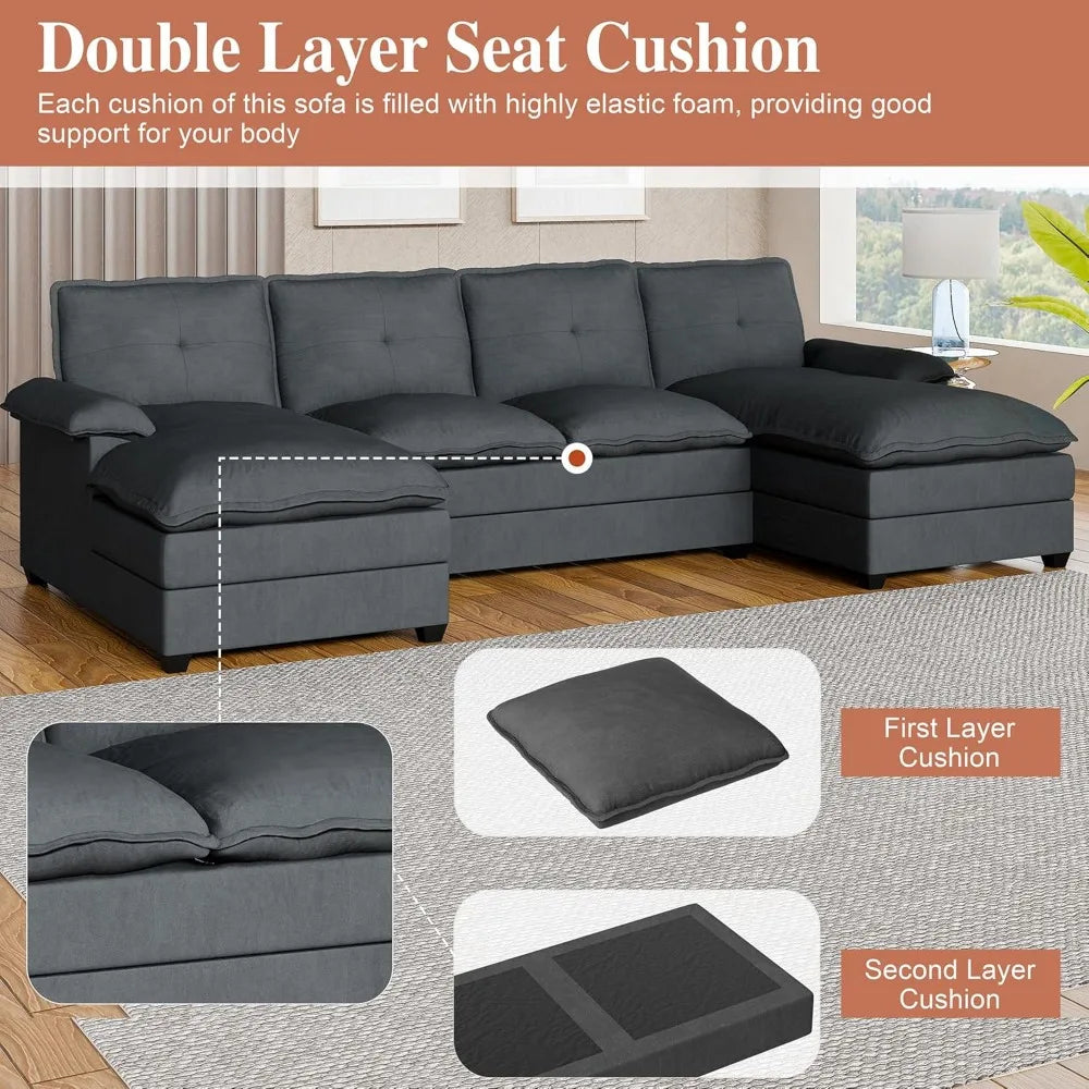 Sectional Couches for Living Room, U Shaped Couch 110in Sectional Sofa,Cloud Couch for Living Room (Black)，Living Room Sofas