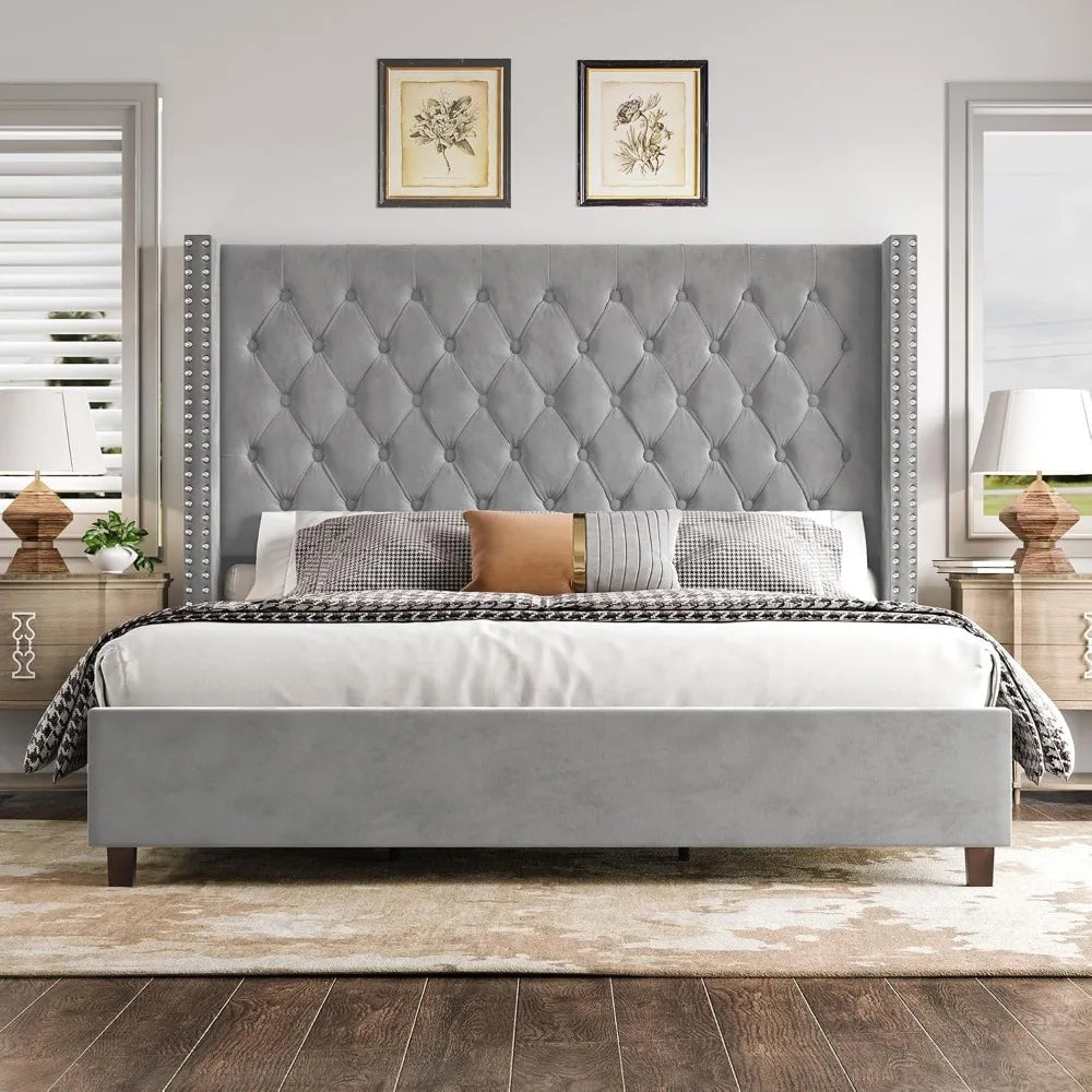 Queen Bed Frame 61.4" Tall Headboard Upholstered Velvet Platform Bed with Handmade Deep Button Tufted/No Box Spring Required