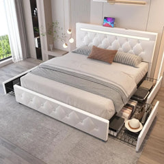 Bed Frame with 4 Drawers and LED Light, Charge Station, PU Leather Upholstered Platform Storage Bed with Adjustable Headboard