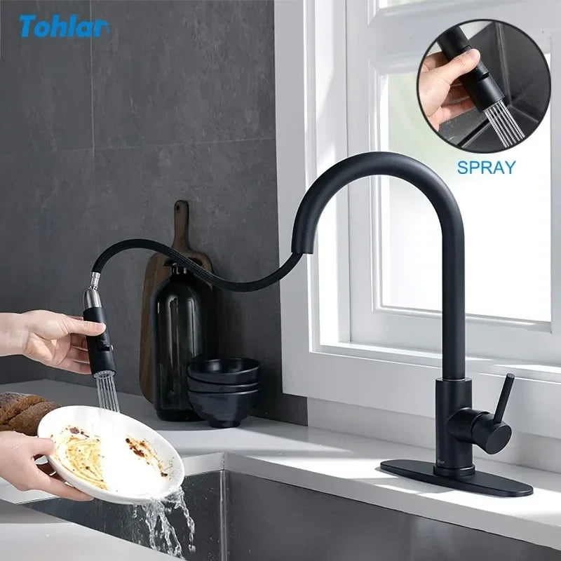 Tohlar Black Kitchen Faucets with Pull-Down Sprayer Single Handle Kitchen Faucet, Modern Stainless Steel Kitchen Sink