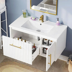 36" Wide Bathroom Vanity with Sink Combo, Wall Mounted Modern Bathroom Cabinet with Ceramic Sink, Large Storage