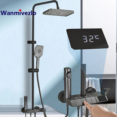 GREY Smart Digital Display Shower Faucet Set Piano Style Rainlfall Bathroom System Grey Digital Mixer Tap Bidet Shower