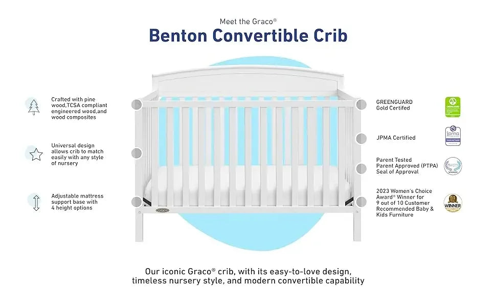 Benton 5-in-1 Convertible Crib (White) – GREENGUARD Gold Certified, Converts From Baby Crib To Toddler Bed