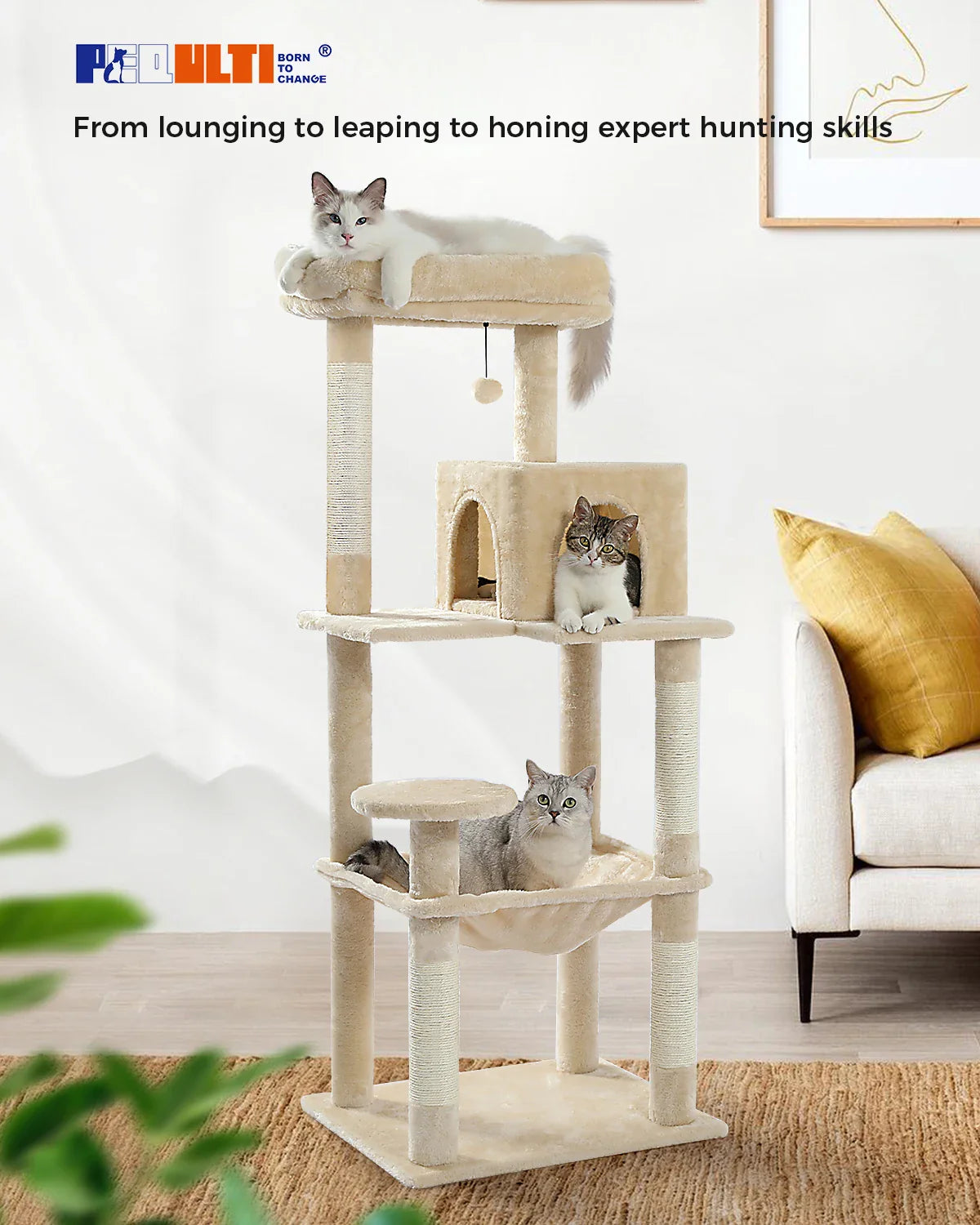 Cat Tree for Indoor Cats 5-Level Cat Tower for Large Cats with Large Hammock Sisal Covered Scratching Posts Cozy Condo Top Perch