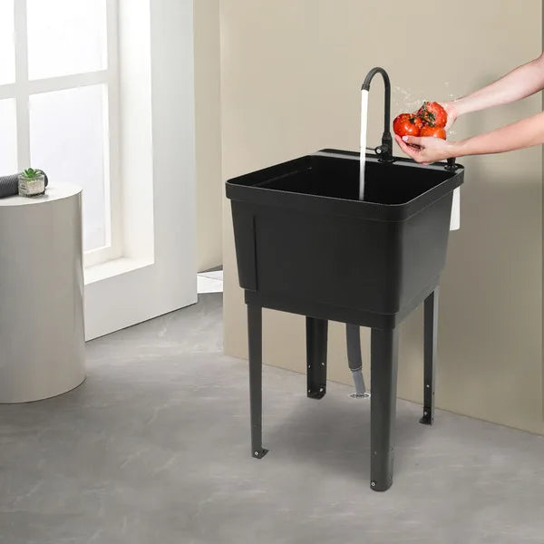 Freestanding Laundry Tub Utility Wash Sink w/ Faucet & Soap Dispenser for Bathroom Black