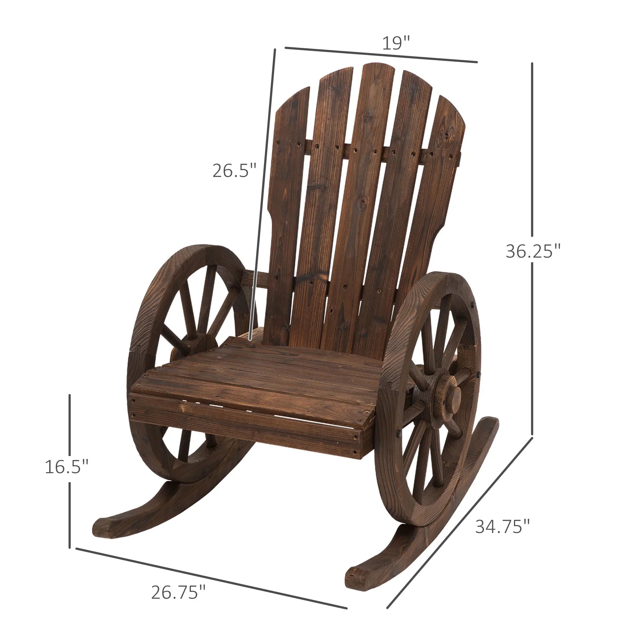 Rustic Wood Adirondack Rocking Patio Chair w/ Slatted Design, Wheel Armrests