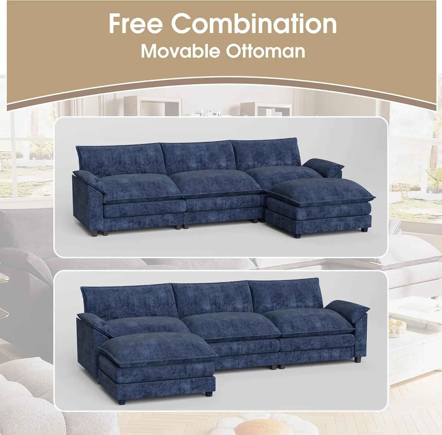 119” Modular Sectional Sofa Couch, Modern Wide Arm L Shaped Couch with Deep Seat and Reversible Ottoman