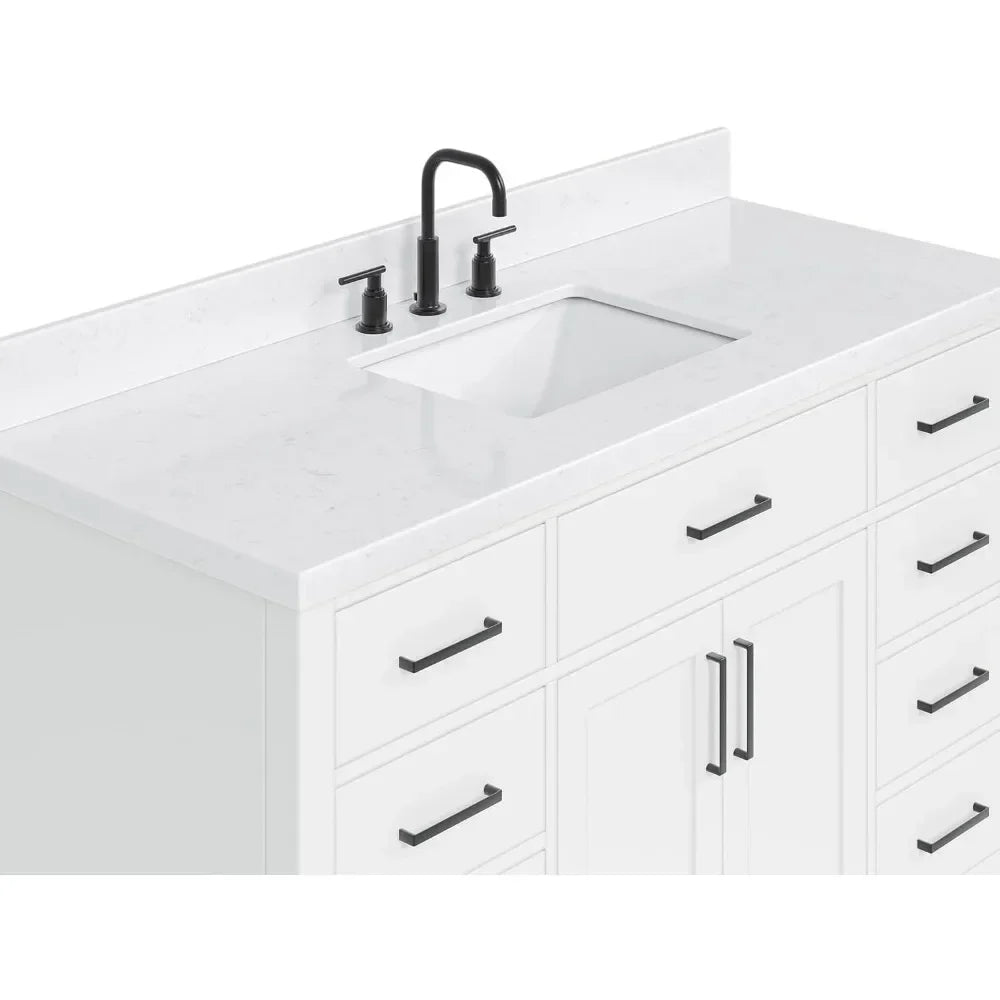 54" Bathroom Vanity with Carrara Quartz Countertop, Single Rectangular Sink, Soft Closing Doors & Drawers