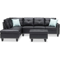 98"Faux Leather Sectional Sofa with Removable Storage Ottoman,L-Shape Upholstered 6Seater Couch with Cupholder and Nailhead Trim