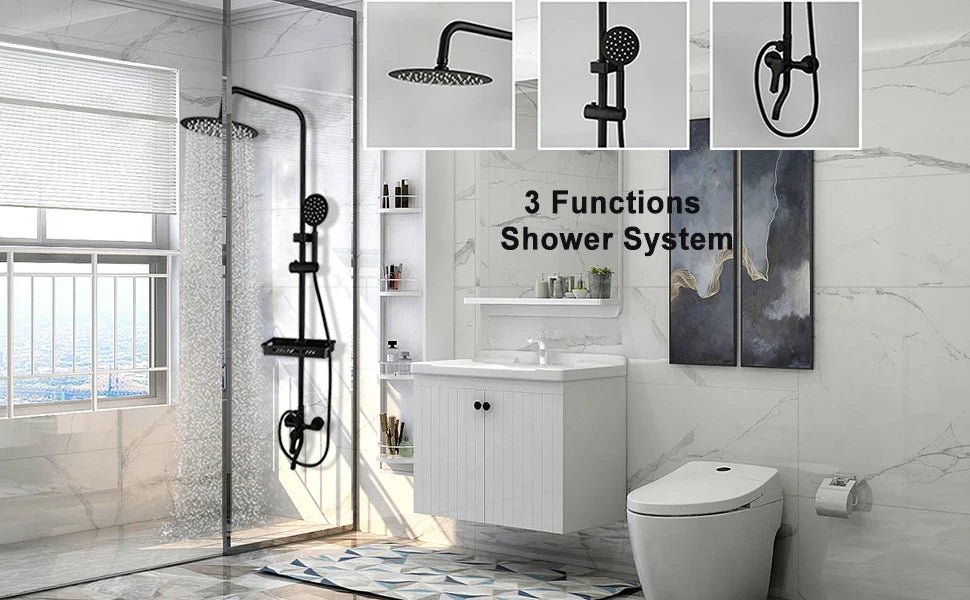 KEMAIDI Matte Black Rainfall Shower Faucet Set Single Lever Bathtub Shower Mixer Faucet & Storage Shelf  Shower Mixer Water Tap