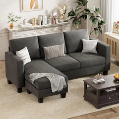 Sectional Sofa Couch, 3 Seat L-Shaped Sofa with Linen Fabric, Movable Ottoman Small Couch for Small apartments