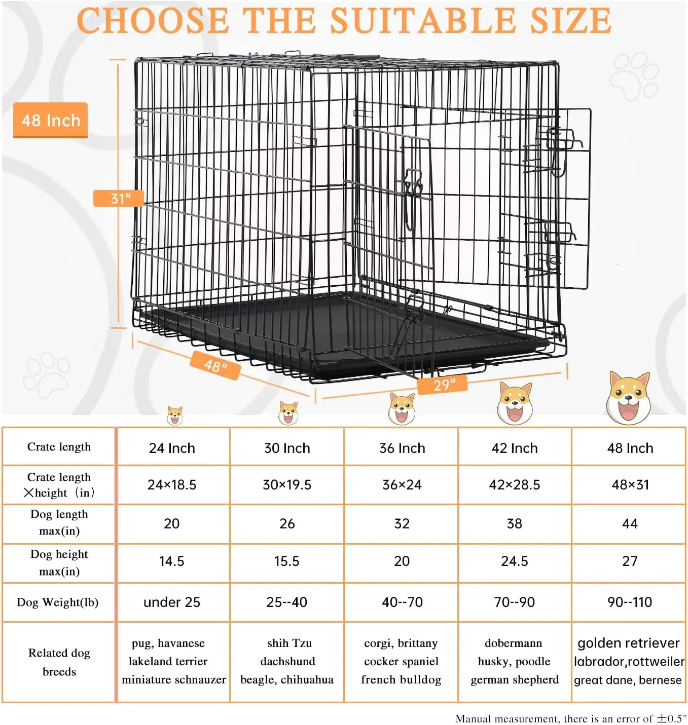 48-Inch Double Door Folding Metal Dog Crate with Divider and Leak-Proof Pan - For Medium to Large Breed Dogs