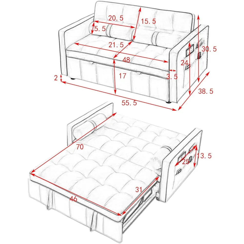 55 Inch Sofa Bed,Pull-Out Sofas, 3-in-1 Comfortable Convertible Futon Sofas, Velvet Double Lounge Sleeper, Sofa Sleeper