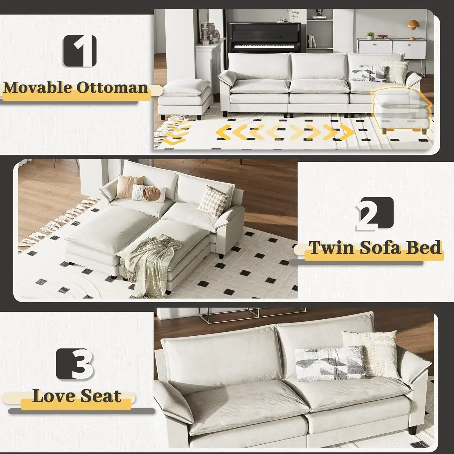 Modular Sectional Sofa Couch, Fabric Sofa Cloud Couch with Comforts, Sectional Sofa Couches for Apartment, Bedroom, Small Space