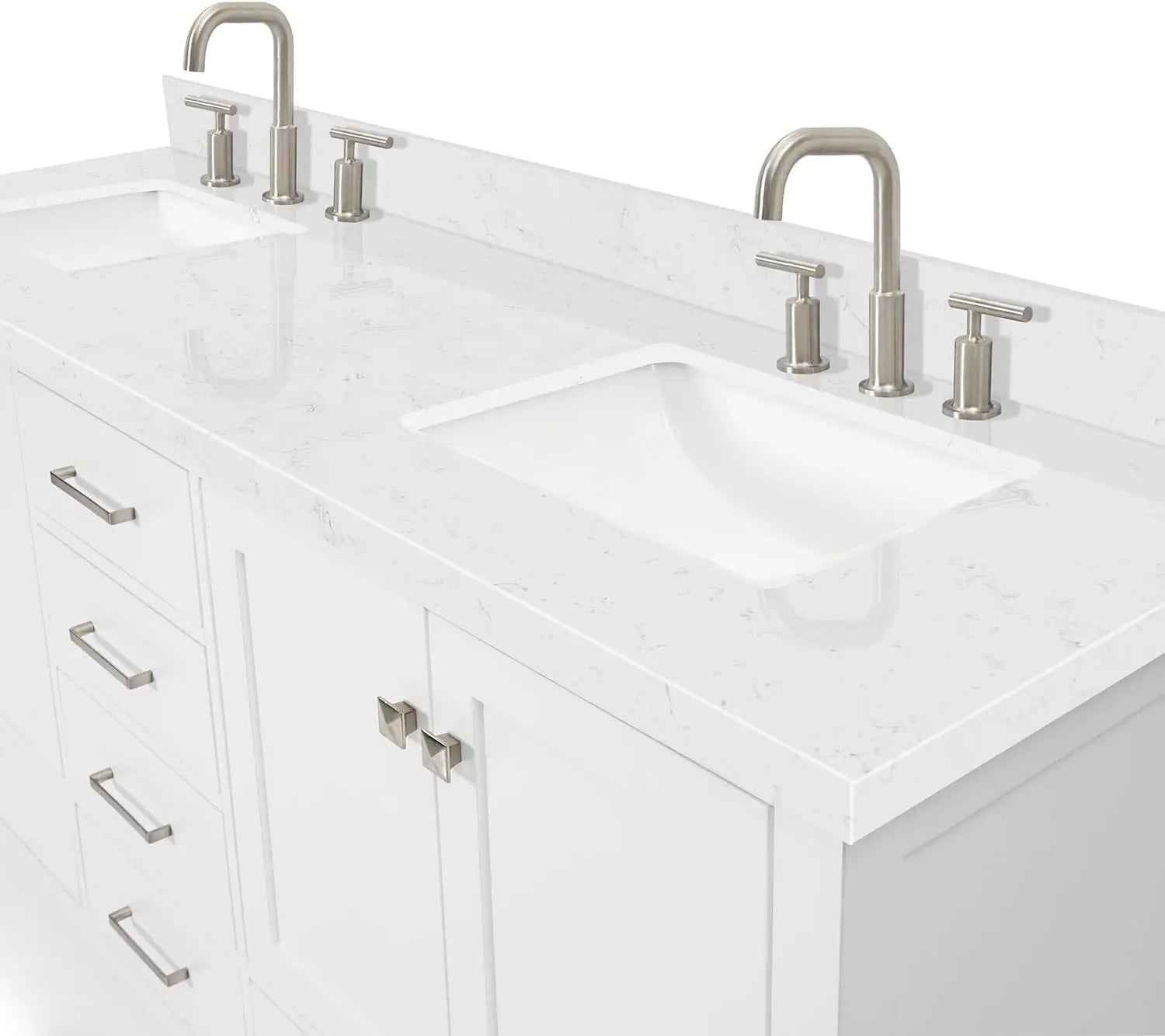 Cambridge 72" White Double Vanity 1.5" Edge Carrara White Quartz Countertop & Splash Rectangular Sinks 4 Soft Closing Doors