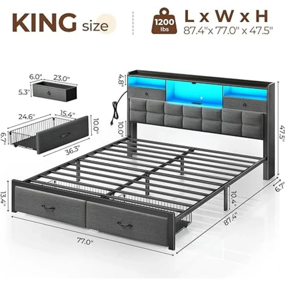 Bed Frame King Size with Drawers and Charging Station, Upholstered Platform Bed with Storage Headboard and LED Light