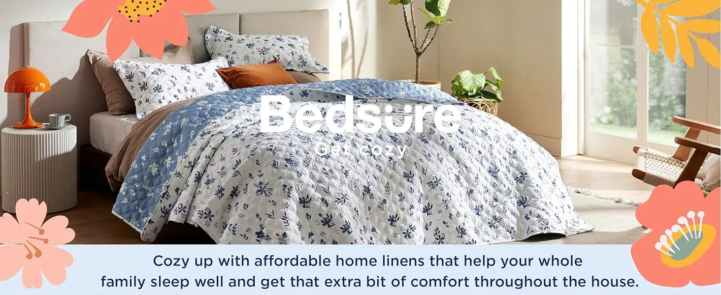 Bedsure Floral Quilt Set Queen - Reversible Blue & White Quilt Bedding Set, Daisy Design Bedspread