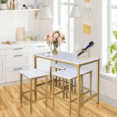 5-Piece Bar Table Set with 4 Stools,Dining Room Table Set,Small Spaces (Gold & White)