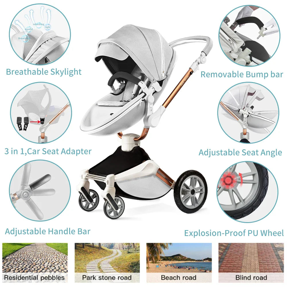 Hot Mom F023 Baby Stroller 2 in 1,Rotates 360 Degrees,PU Leather, Mosquito Net, Rain Cover, Adapter, Cup Holder, large wheels