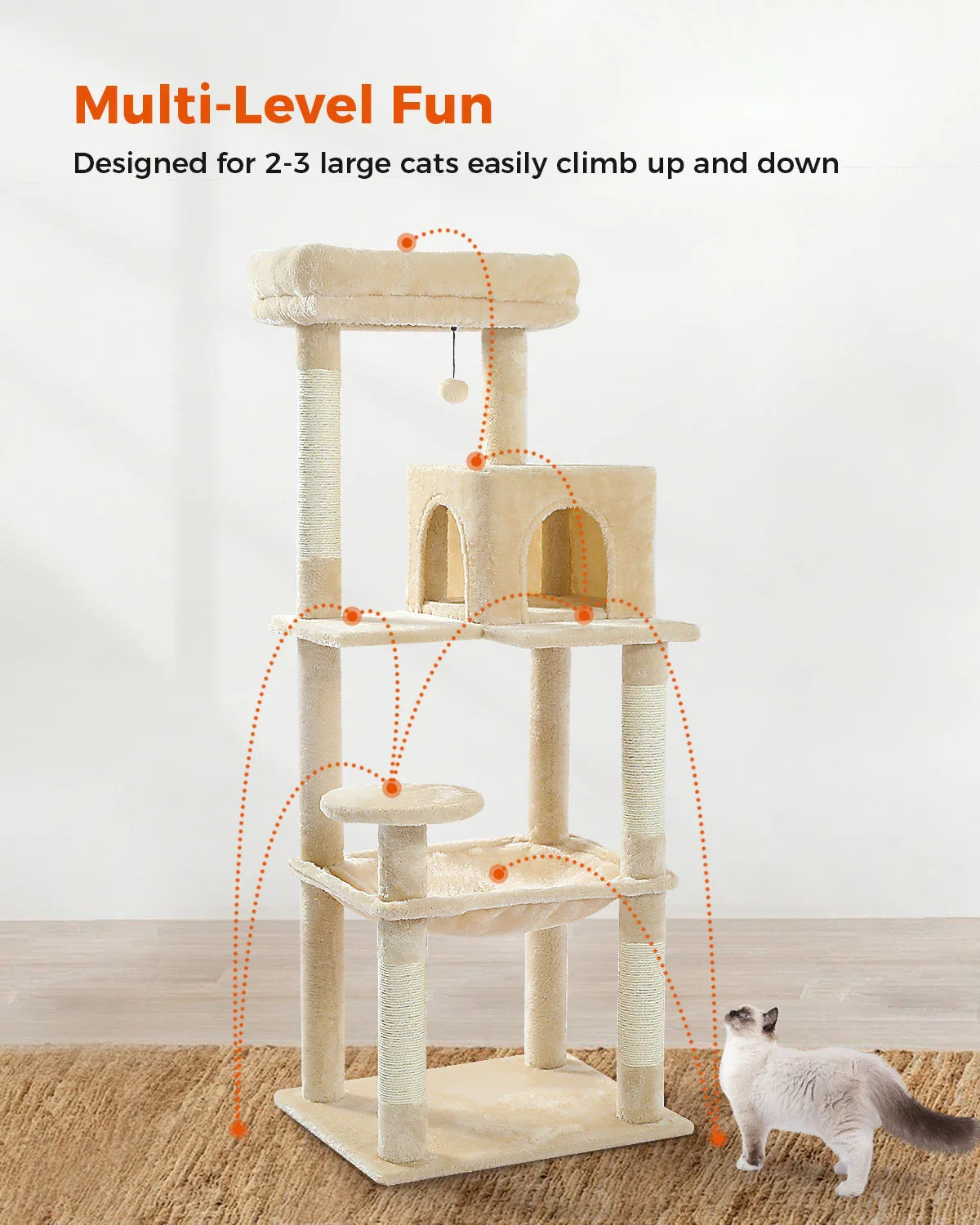 Cat Tree for Indoor Cats 5-Level Cat Tower for Large Cats with Large Hammock Sisal Covered Scratching Posts Cozy Condo Top Perch